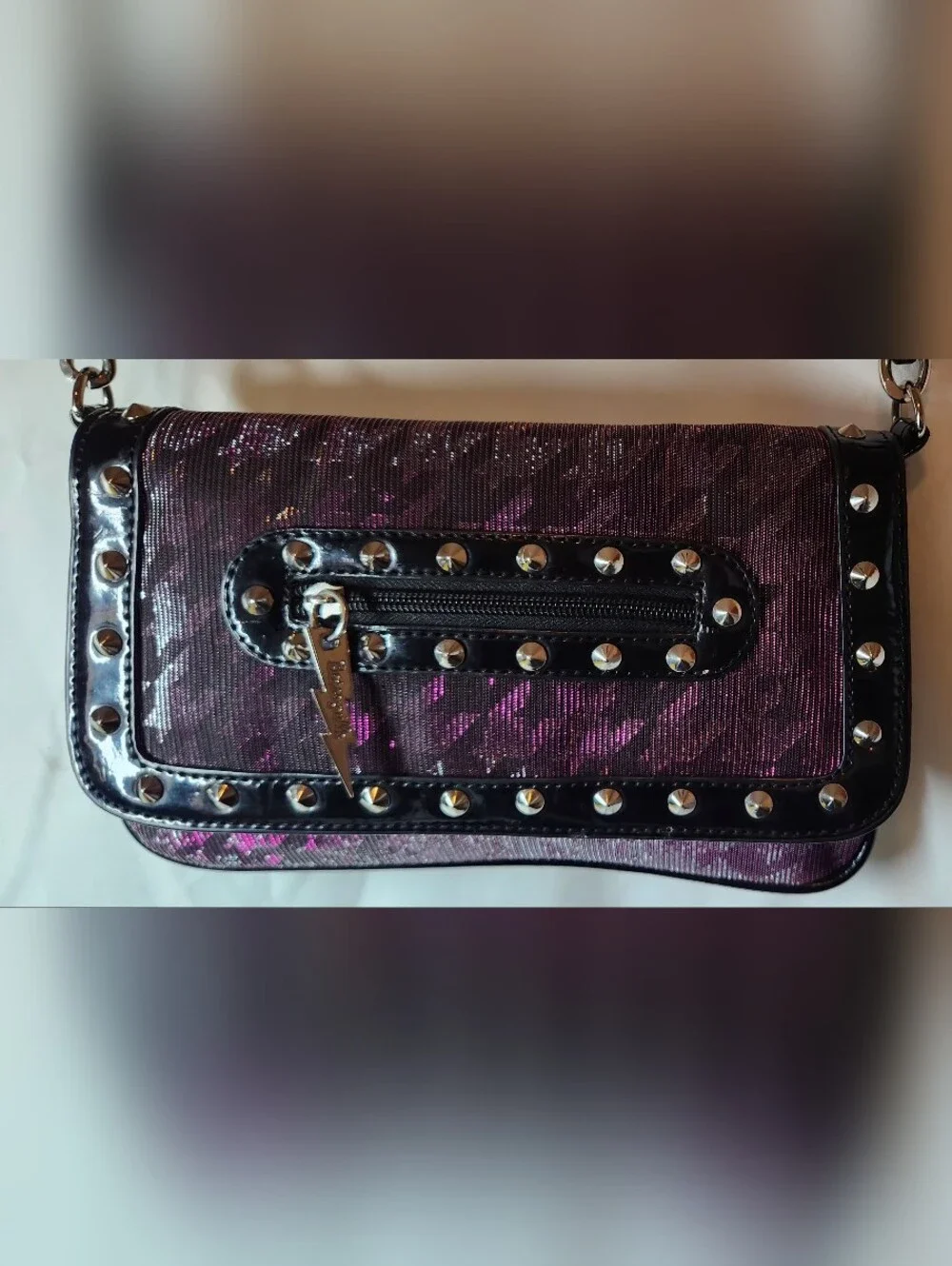 Y2K Betseyville Crossbody Chain Purse Metal Studs Rocker Purple Pink Shimmer